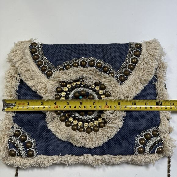 La Bellum Hillary Scott Jute Fringe Beaded Boho Envelope Crossbody Purse Bag Blu - Picture 4 of 11